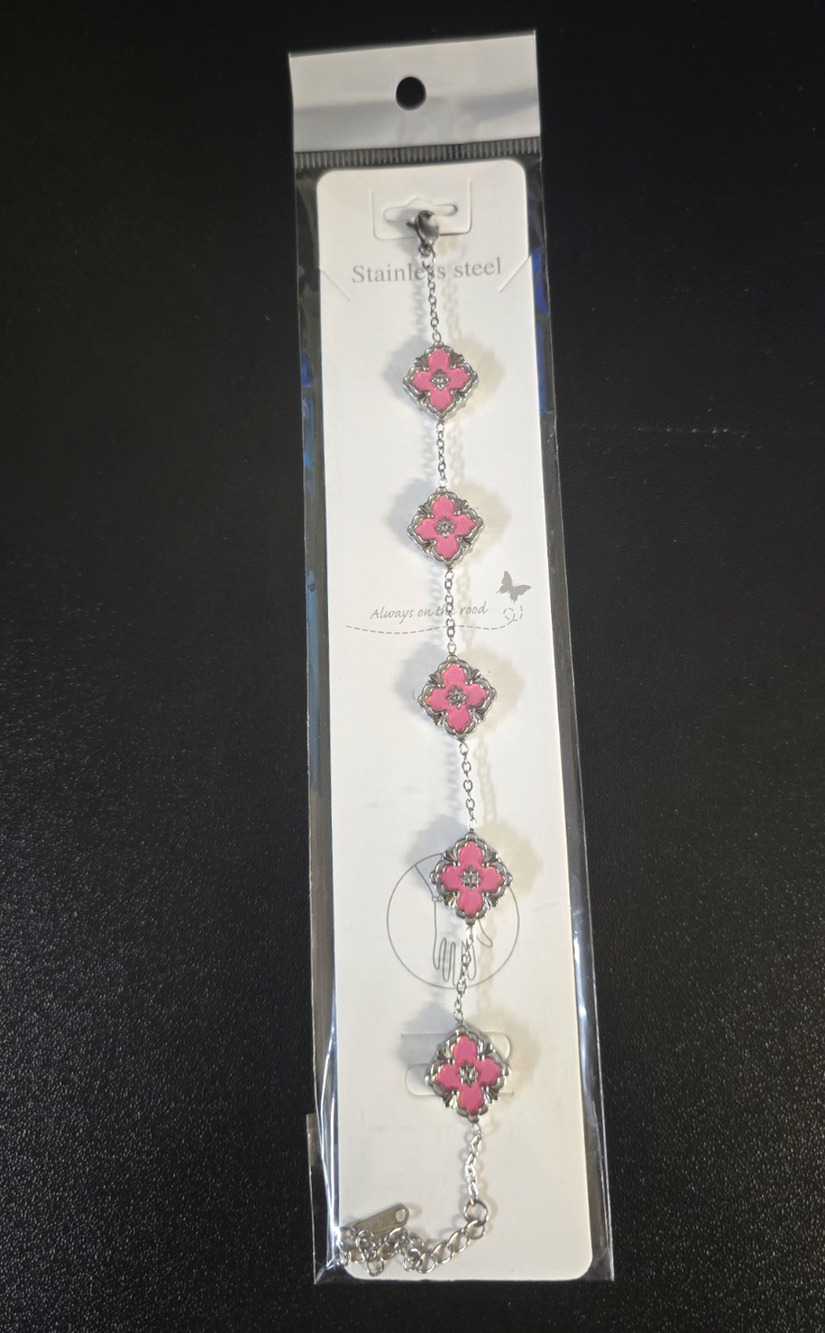 Stainless Steel Silver Tone Cable Chain Bracelet Pink Flower Dangle Charms